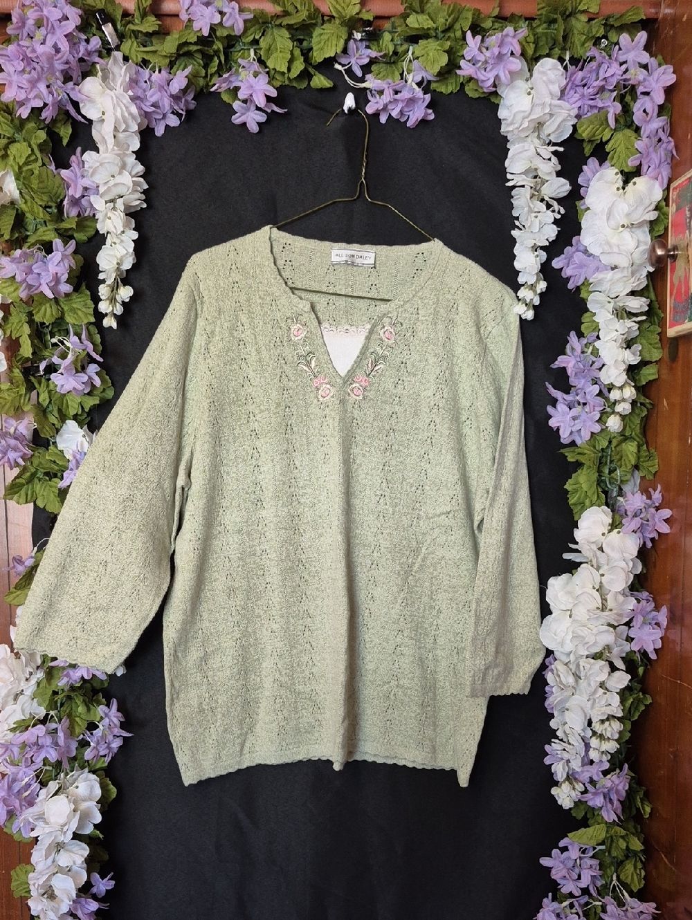 Allison Daley Sage Green V-Neck Sweater with Pink Embroidery
